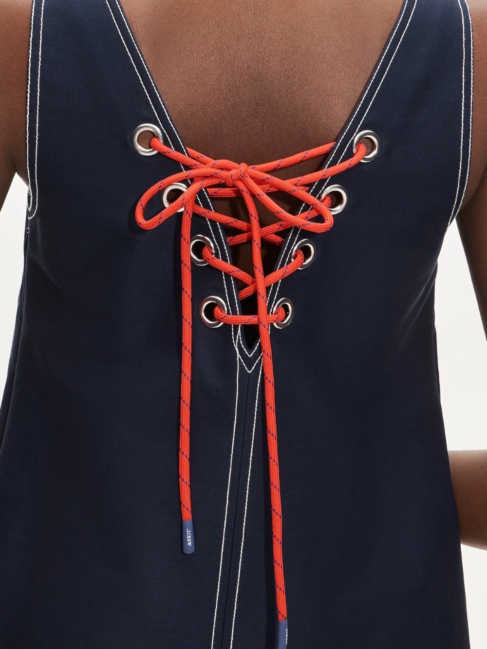 J. Crew Navy Sleeveless Shift Dress with Red Lace-Up Back